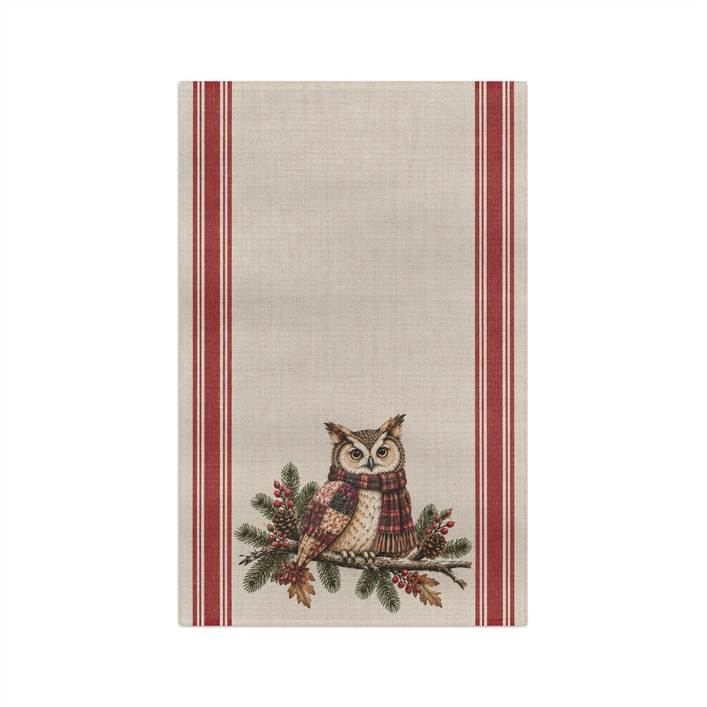 Owl & Plaid Tea Towel — Rustic Holiday Kitchen Linen