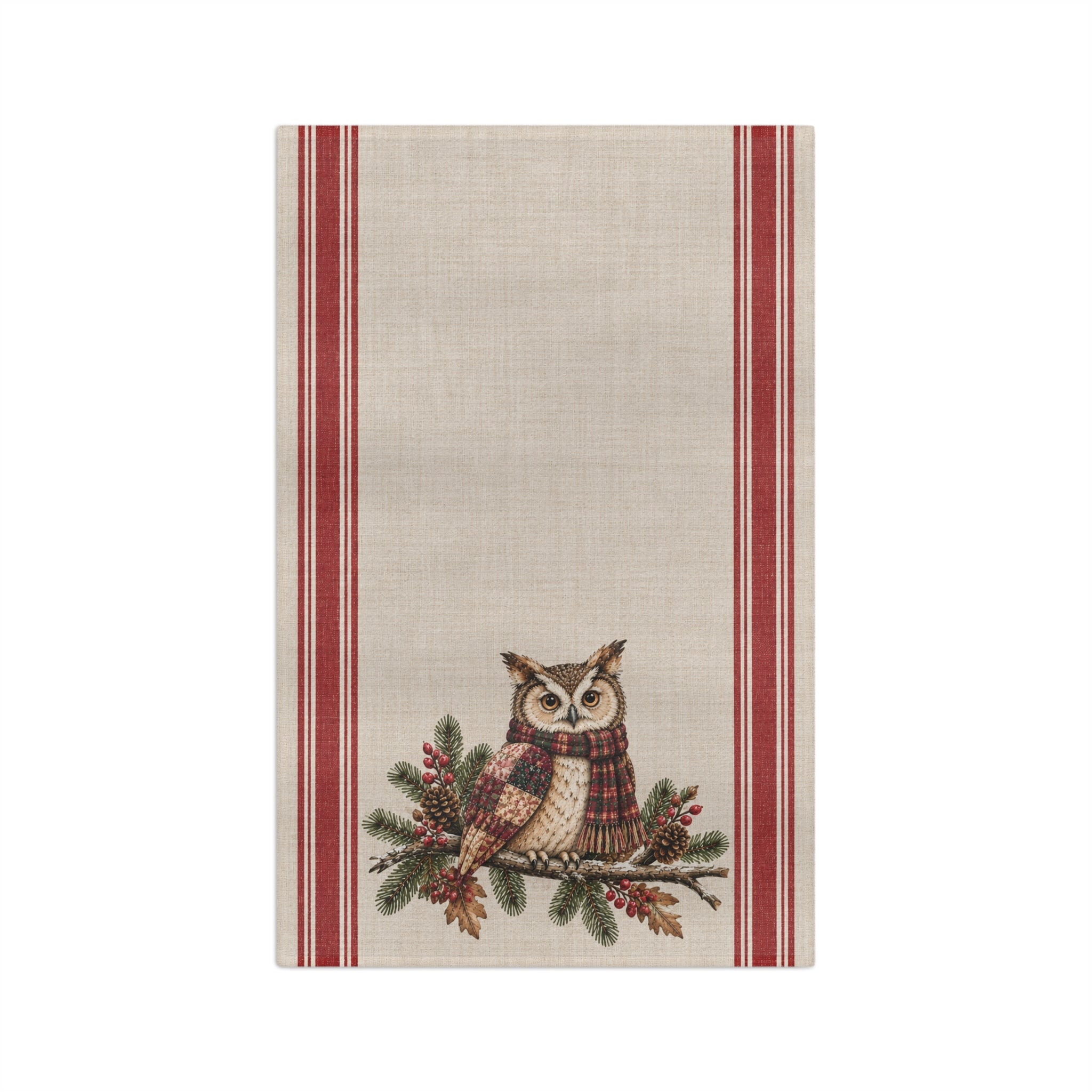 Owl & Plaid Tea Towel — Rustic Holiday Kitchen Linen