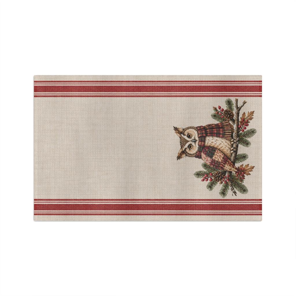 Owl & Plaid Tea Towel — Rustic Holiday Kitchen Linen