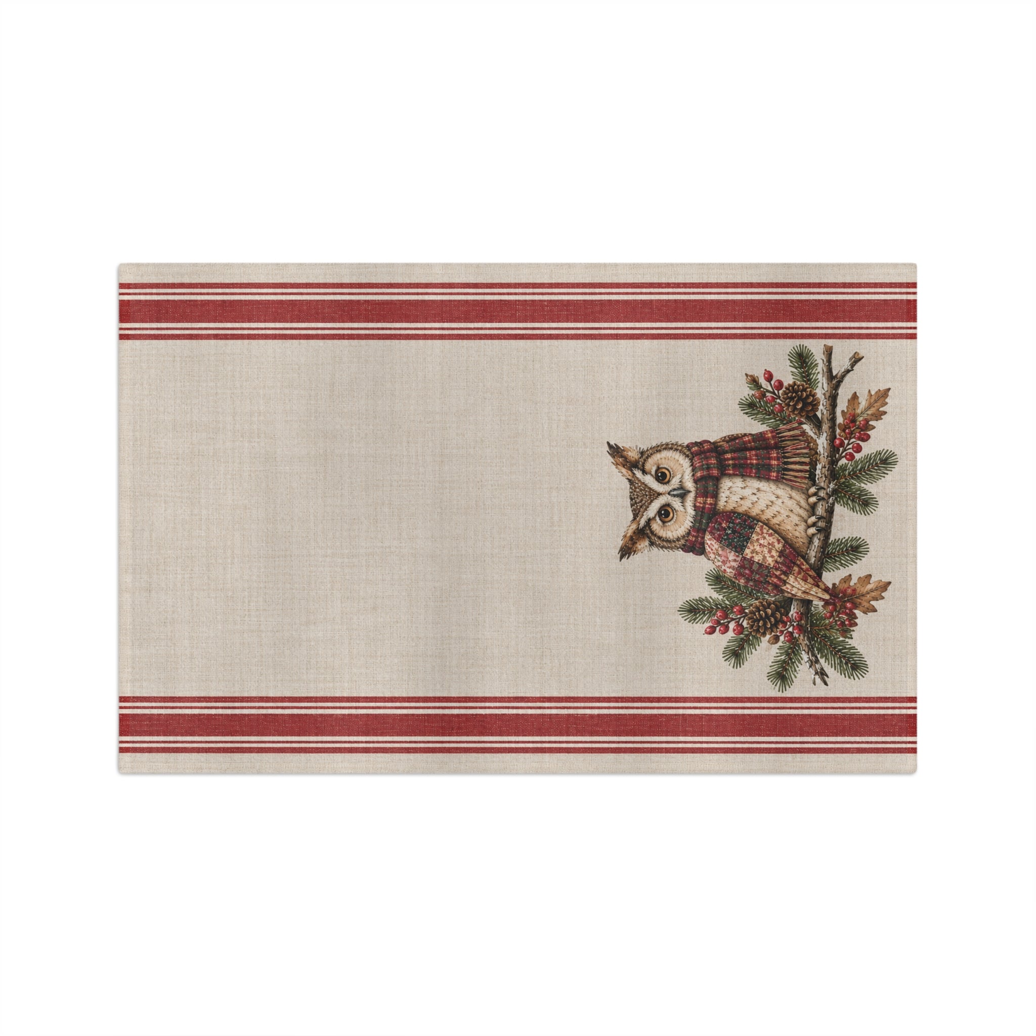 Owl & Plaid Tea Towel — Rustic Holiday Kitchen Linen