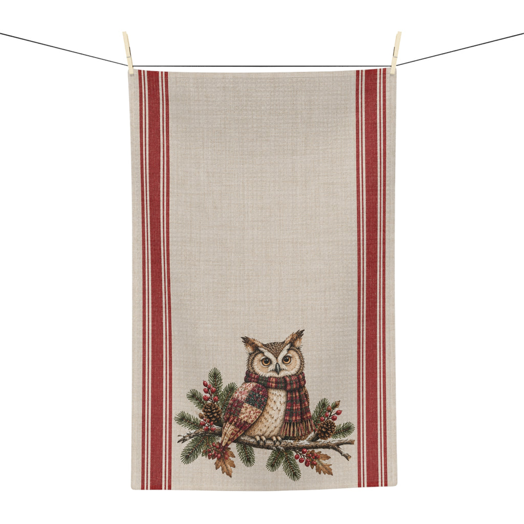 Owl & Plaid Tea Towel — Rustic Holiday Kitchen Linen