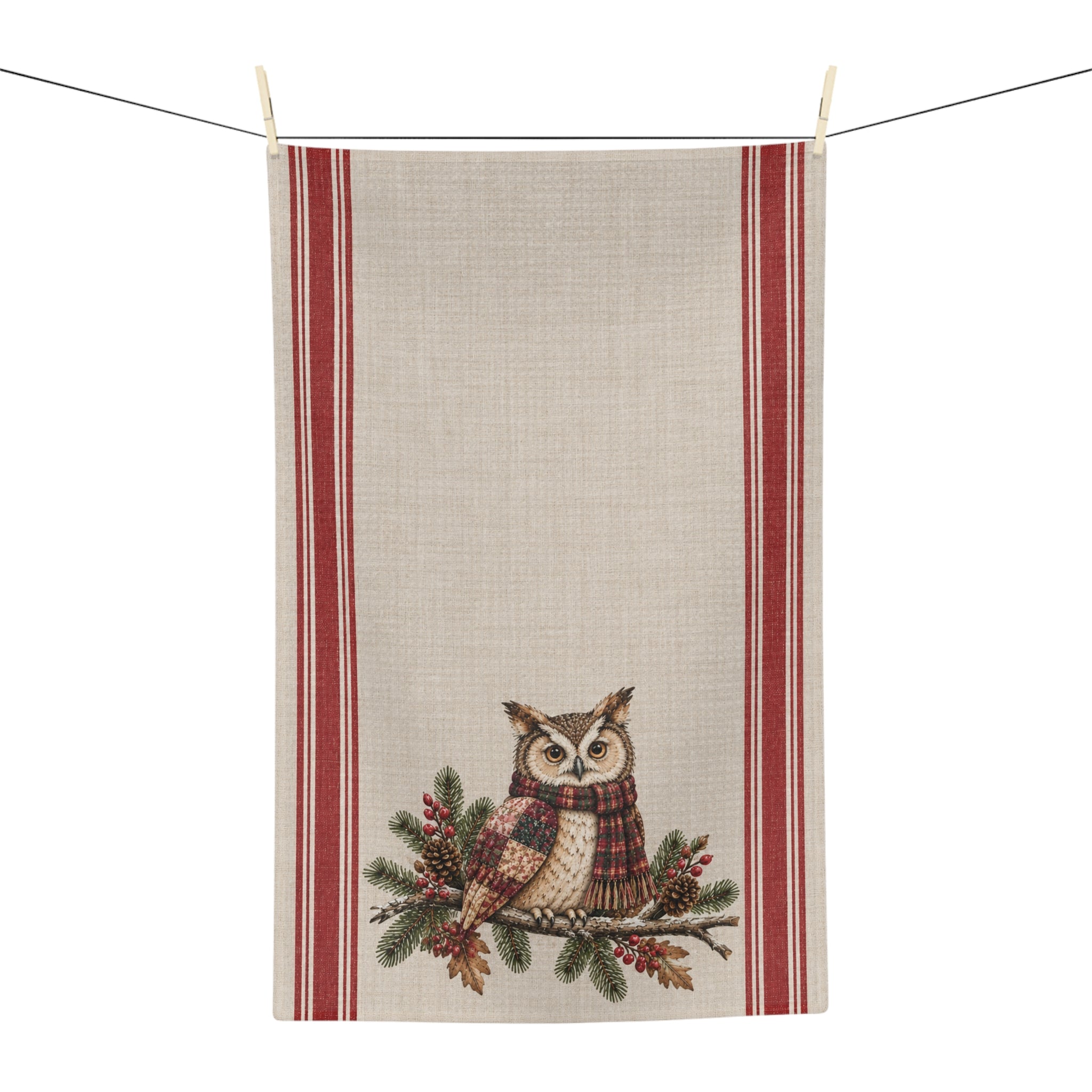 Owl & Plaid Tea Towel — Rustic Holiday Kitchen Linen