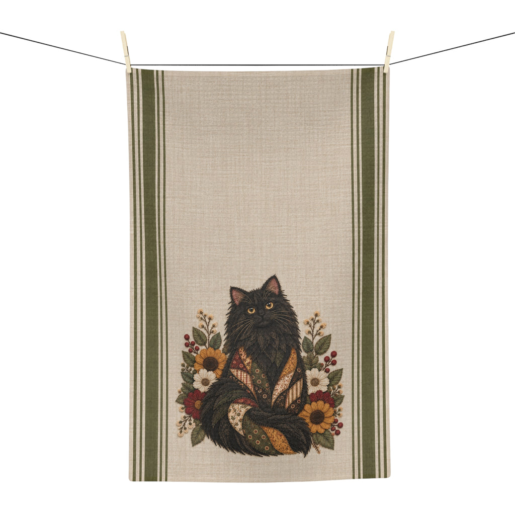 Autumn Floral Fluffy Black Cat Tea Towel