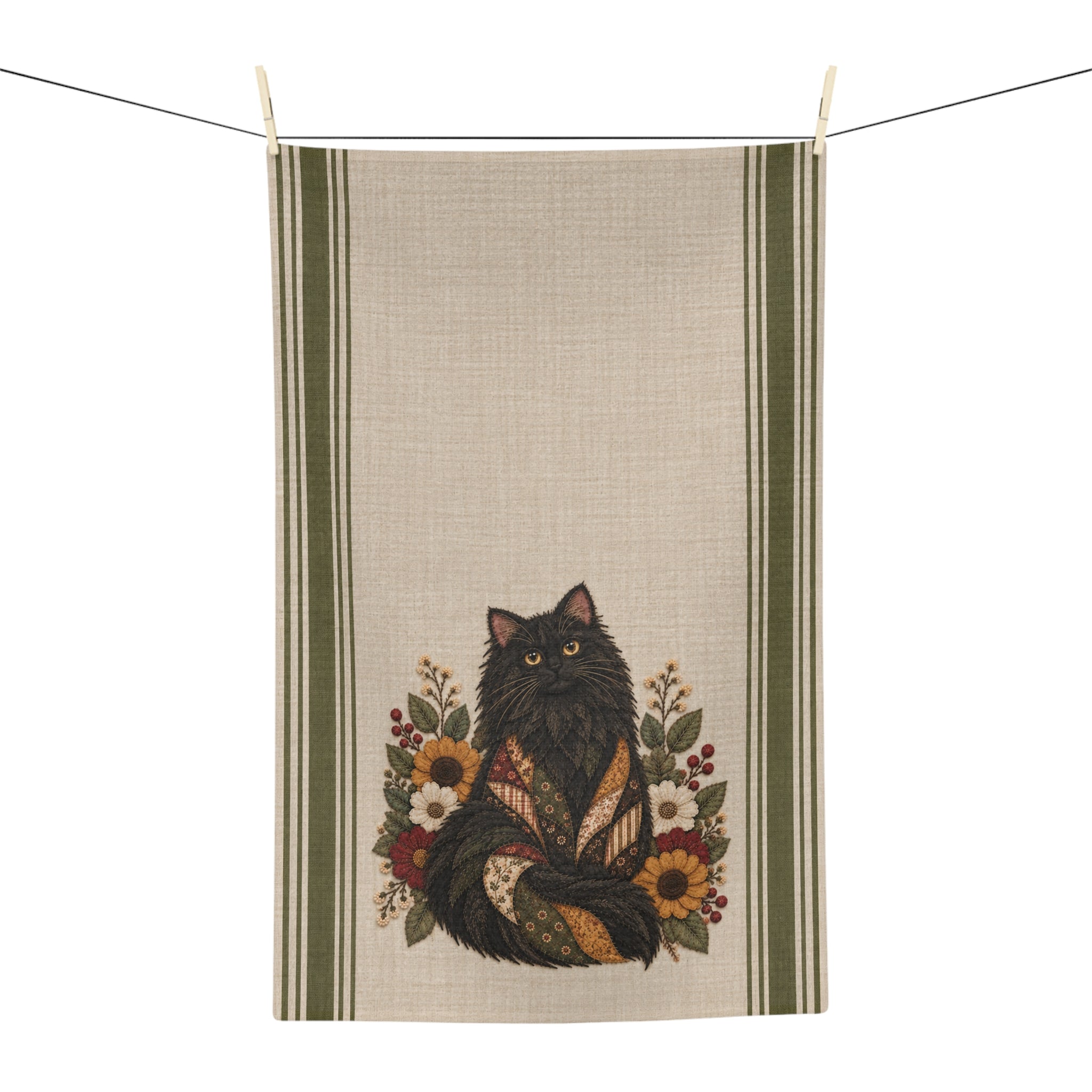 Autumn Floral Fluffy Black Cat Tea Towel