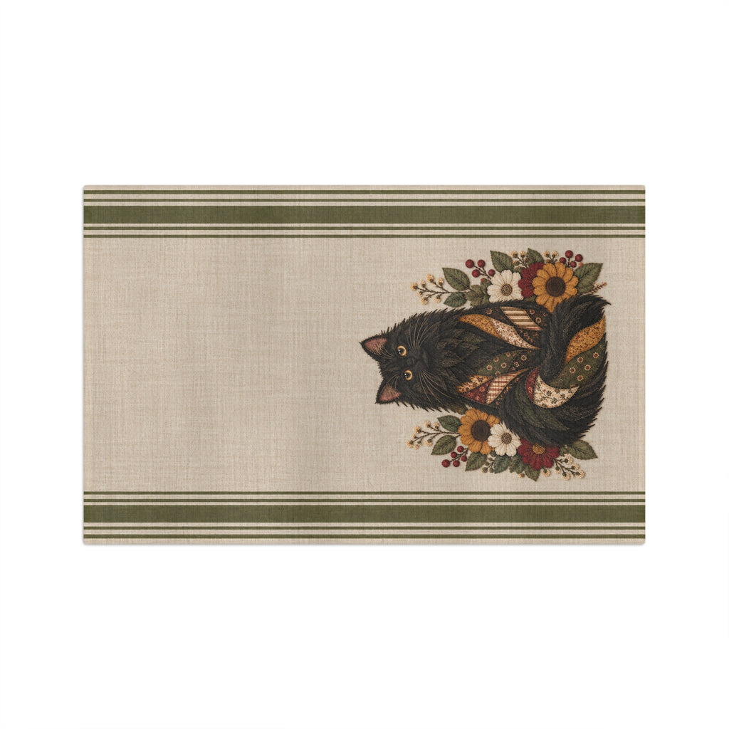 Autumn Floral Fluffy Black Cat Tea Towel