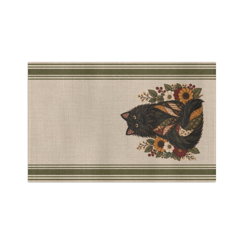 Autumn Floral Fluffy Black Cat Tea Towel