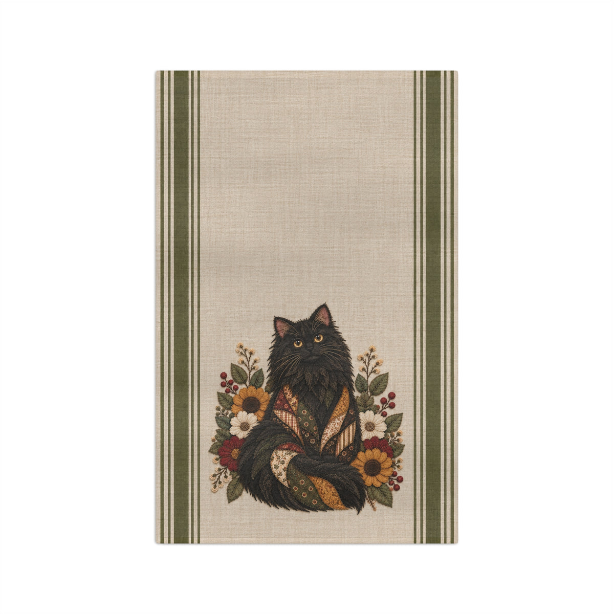 Autumn Floral Fluffy Black Cat Tea Towel