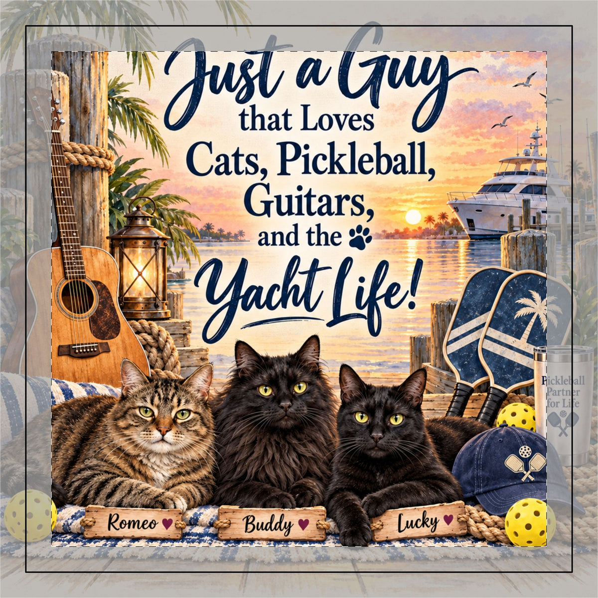 Personalized Cat Lover Pillow – Just a Guy | Pickleball, Guitars & Yacht Life