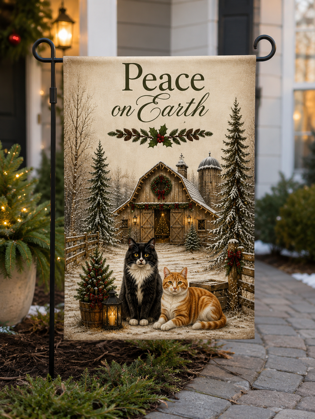 Peace on Earth Christmas Garden Flag – Rustic Farmhouse Winter Cat Decor.