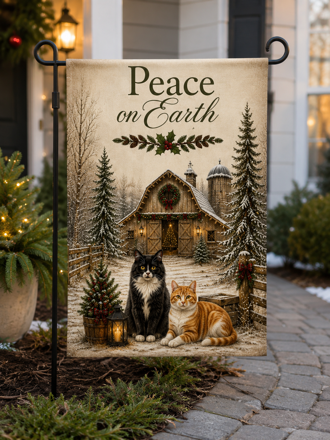 Peace on Earth Christmas Garden Flag – Rustic Farmhouse Winter Cat Decor.