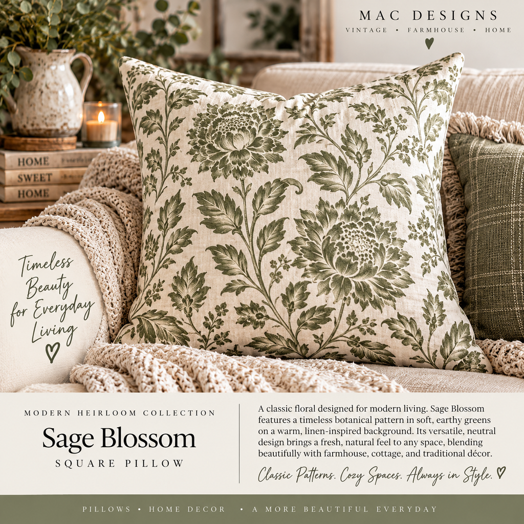 Modern Heirloom Sage Blossom Square Pillow