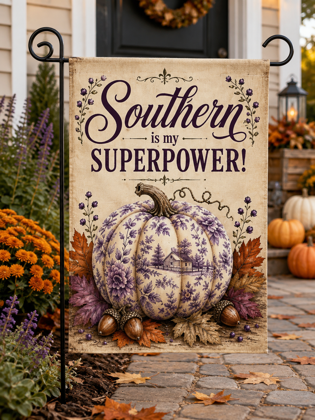 Southern Is My Superpower Purple Toile Pumpkin Fall Garden Flag