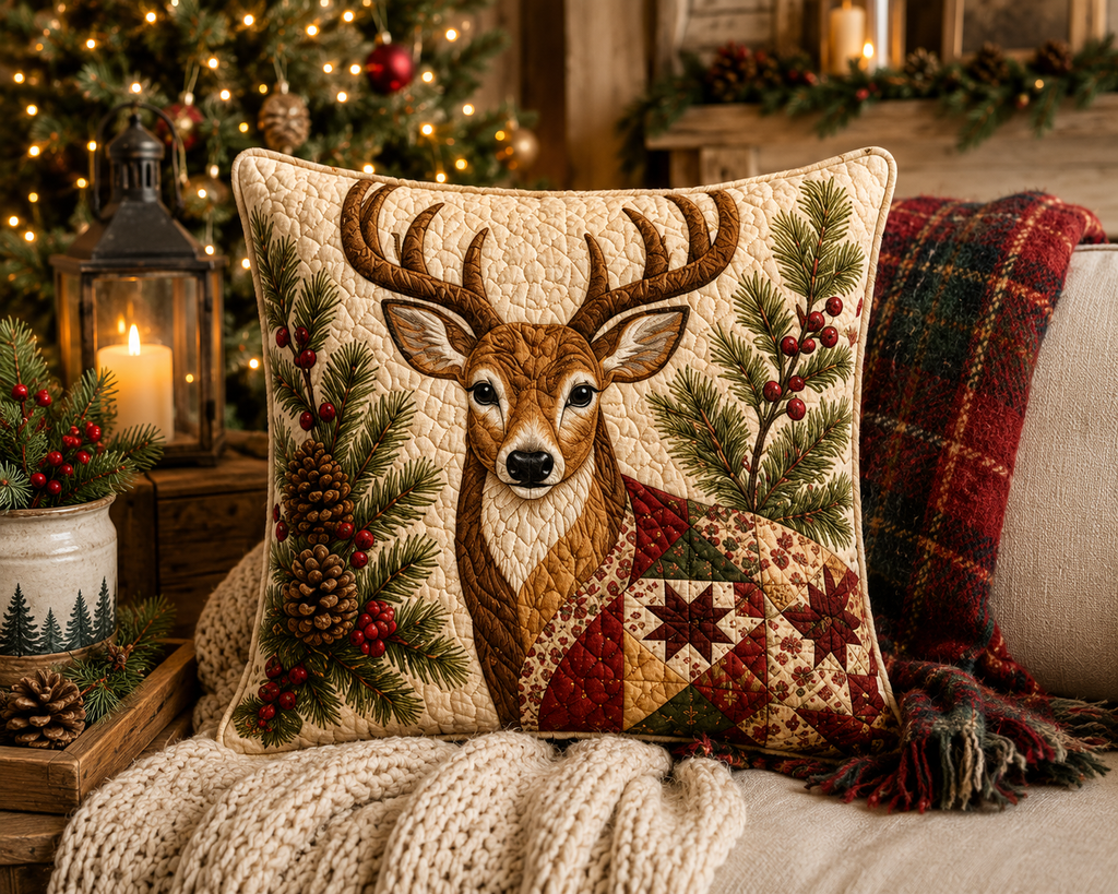 Heirloom Christmas Deer Quilted Pillow – 18" × 18"