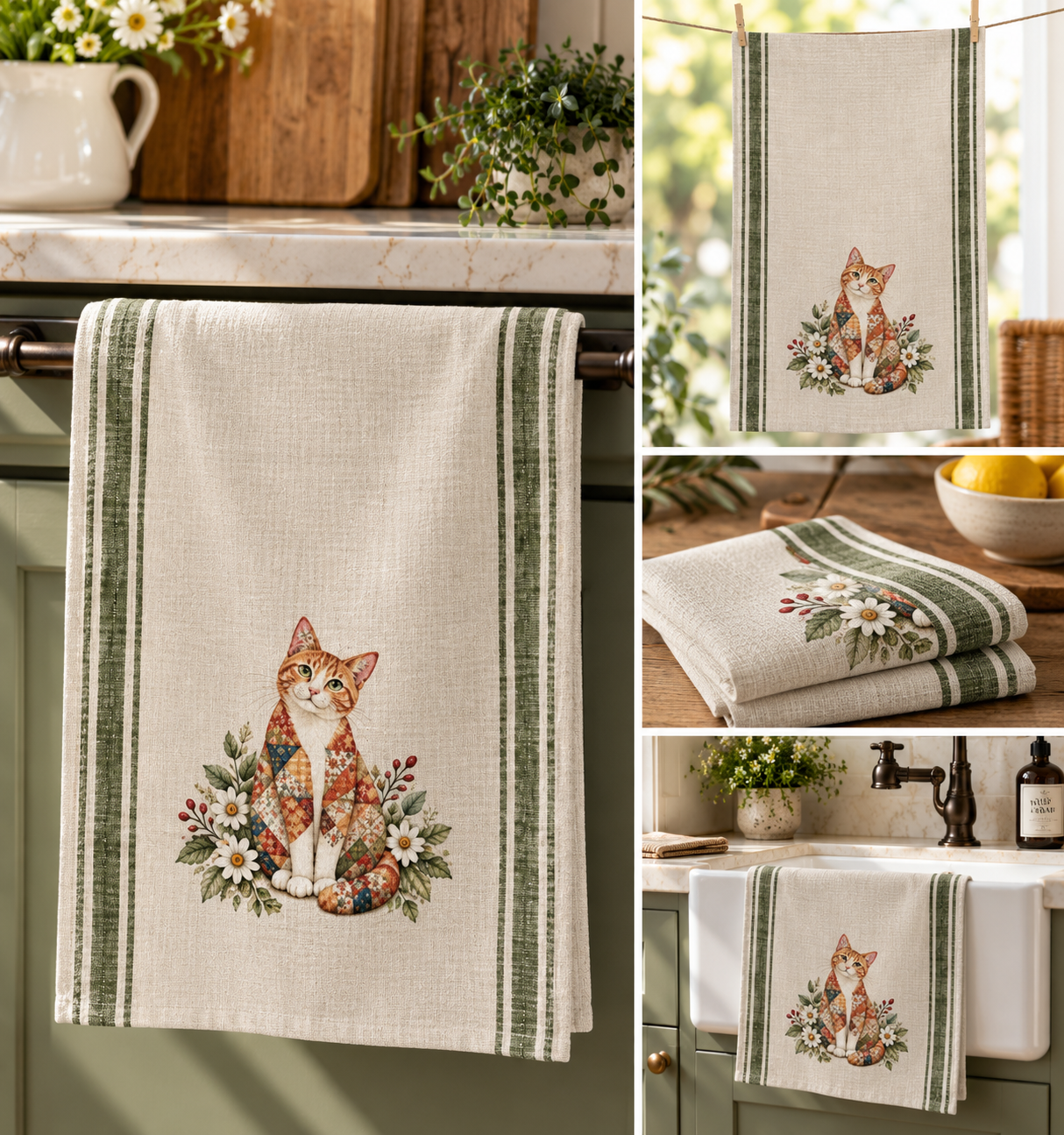 Cat Patchwork Tea Towel — Floral Ginger Cat Kitchen Towel