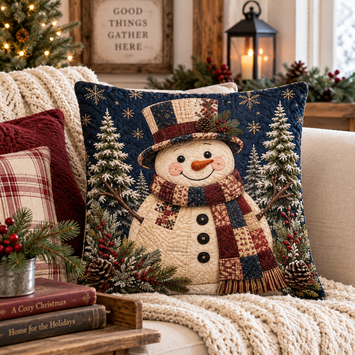 Heirloom Snowman Quilt Cotton Pillow