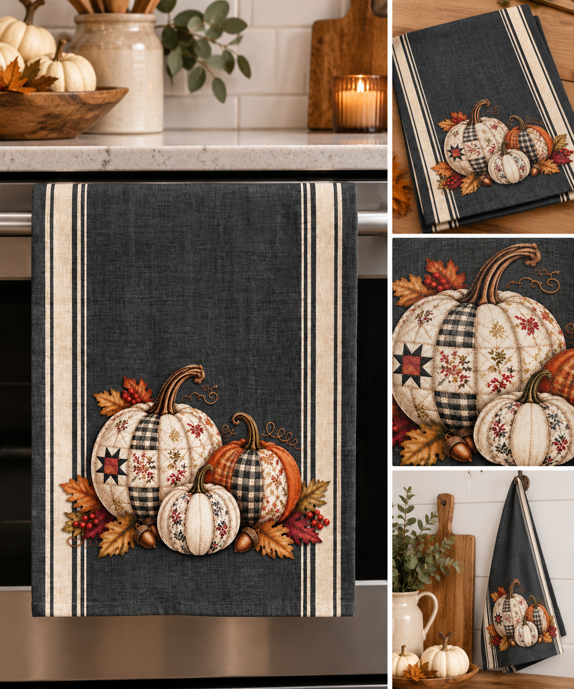 Farmhouse Pumpkin Tea Towel — Autumn Plaid Pumpkin Kitchen Towel