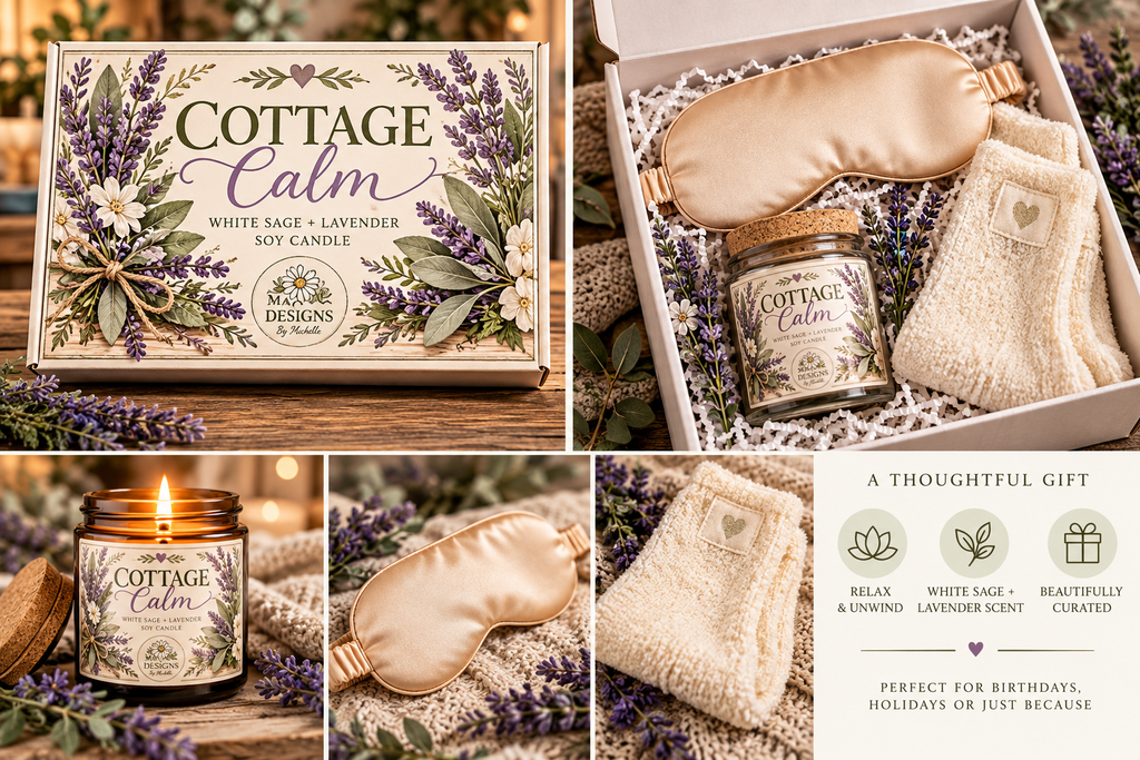 Cottage Calm Gift Set | White Sage + Lavender Soy Candle & Satin Sleep Mask