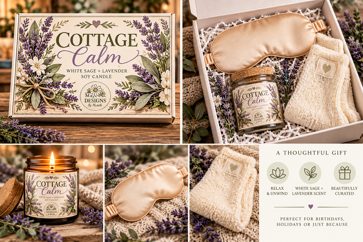 Cottage Calm Gift Set | White Sage + Lavender Soy Candle & Satin Sleep Mask