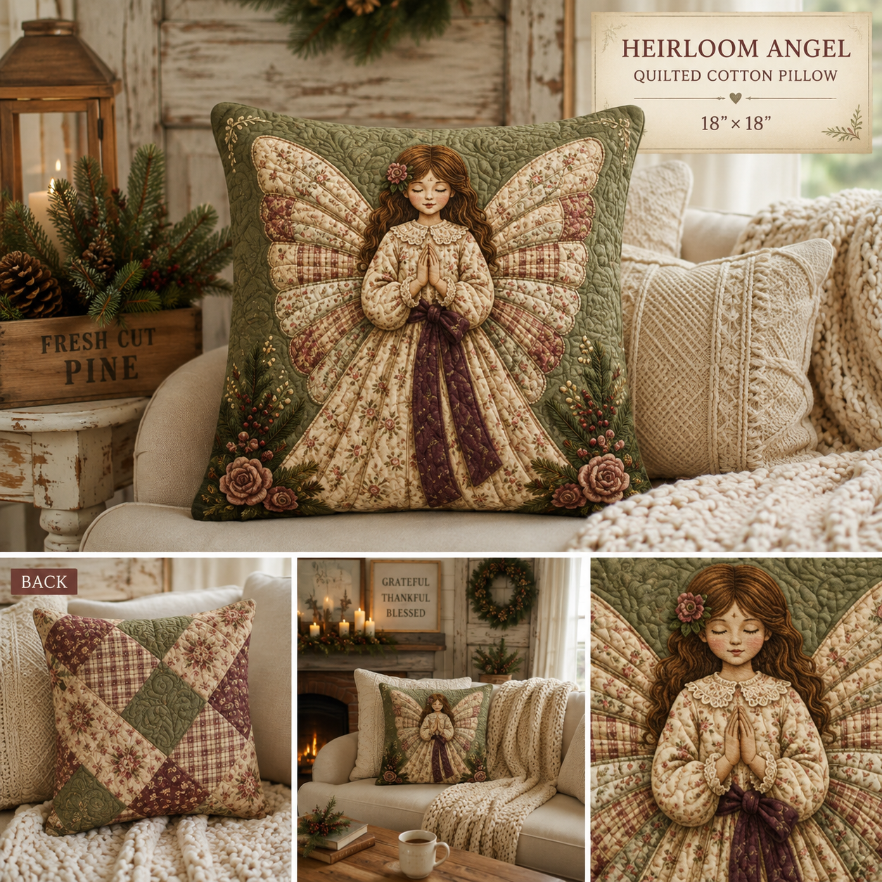 Heirloom Angel Quilted Cotton Pillow