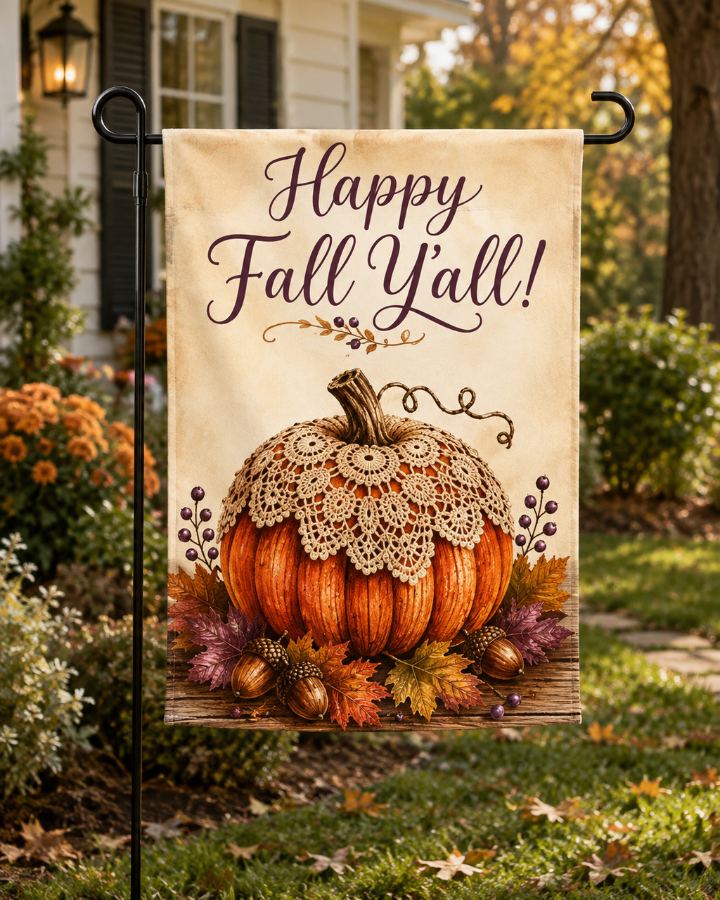 Happy Fall Y’all Pumpkin Garden Flag – Vintage Crochet Doily Fall Decor